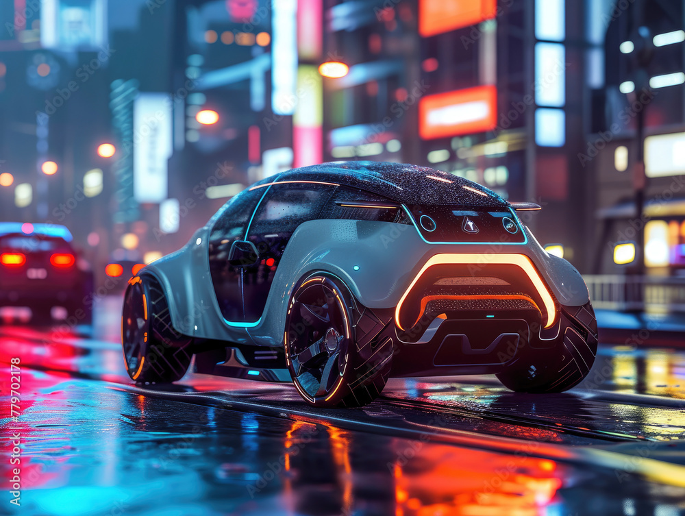 Environmentally Friendly 3D Rendered Electric Car Showcased in Futuristic Urban Landscape