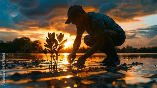 A man is kneeling in the water, tending to a plant. The sun is setting, casting a warm glow over the scene. The man's hat is tilted back, and he is enjoying the peaceful moment