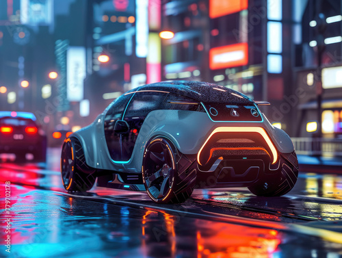 Environmentally Friendly 3D Rendered Electric Car Showcased in Futuristic Urban Landscape