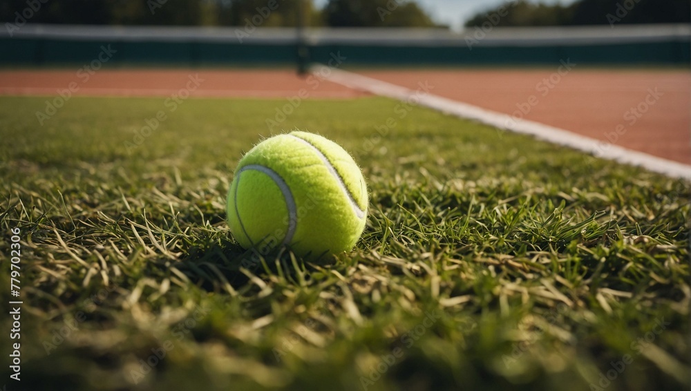 Close up of a vivid yellow tennis ball on a lush green court with the prominent white boundary line in focus