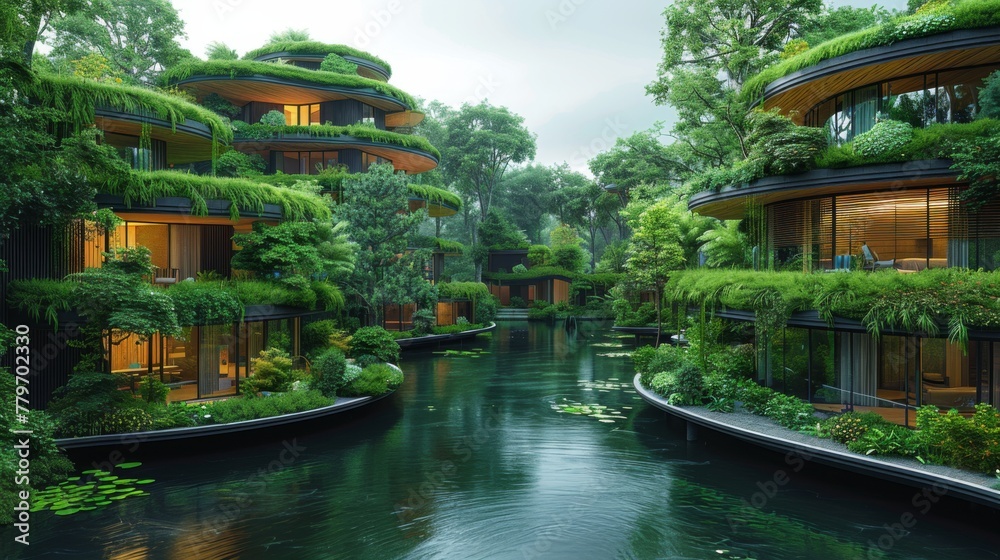 Obraz premium Eco-Luxury Waterfront Homes Nestled in Lush Greenery