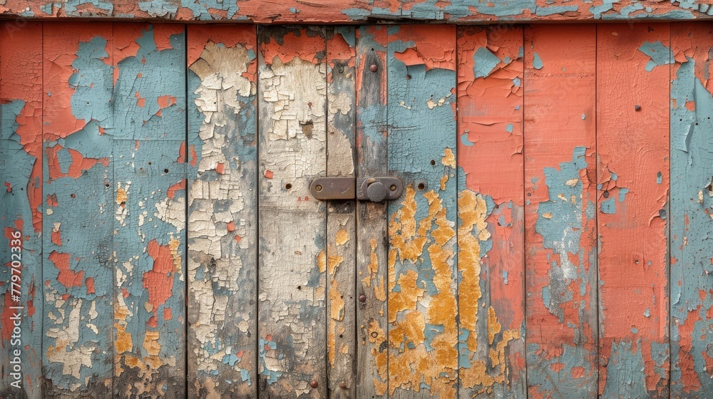 A weathered wooden door with peeling paint, its texture and history brought to life with textured oil brushwork. A weathered wooden door with peeling paint, its texture and history brought to life with textured oil brushwork.