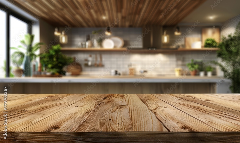 Wooden table top on blur kitchen room background,Modern Contemporary kitchen room interior Wooden table top on blur kitchen room background,Modern Contemporary kitchen room interior