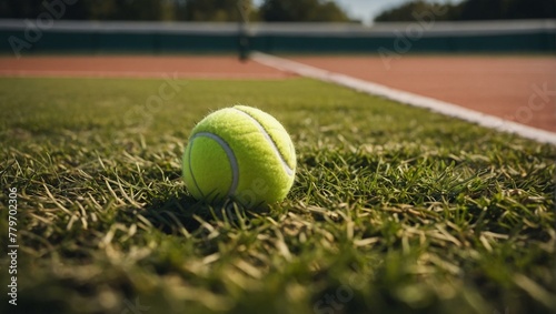 Close up of a vivid yellow tennis ball on a lush green court with the prominent white boundary line in focus © ArtistiKa