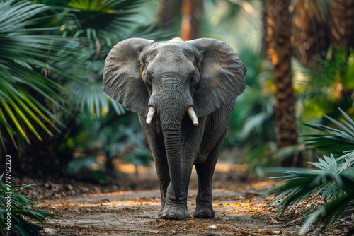 A stunning image capturing the grace of a full-grown elephant standing amidst a dense forest, showcasing its majestic tusks and large ears