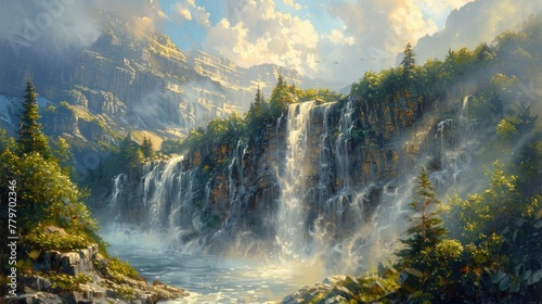A majestic waterfall cascading down a rocky cliff, the power and movement depicted with dynamic oil strokes. photo