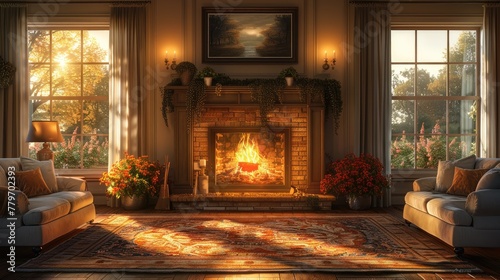 A cozy living room with a crackling fireplace, the warm and inviting atmosphere captured with soft and blended oil paints.