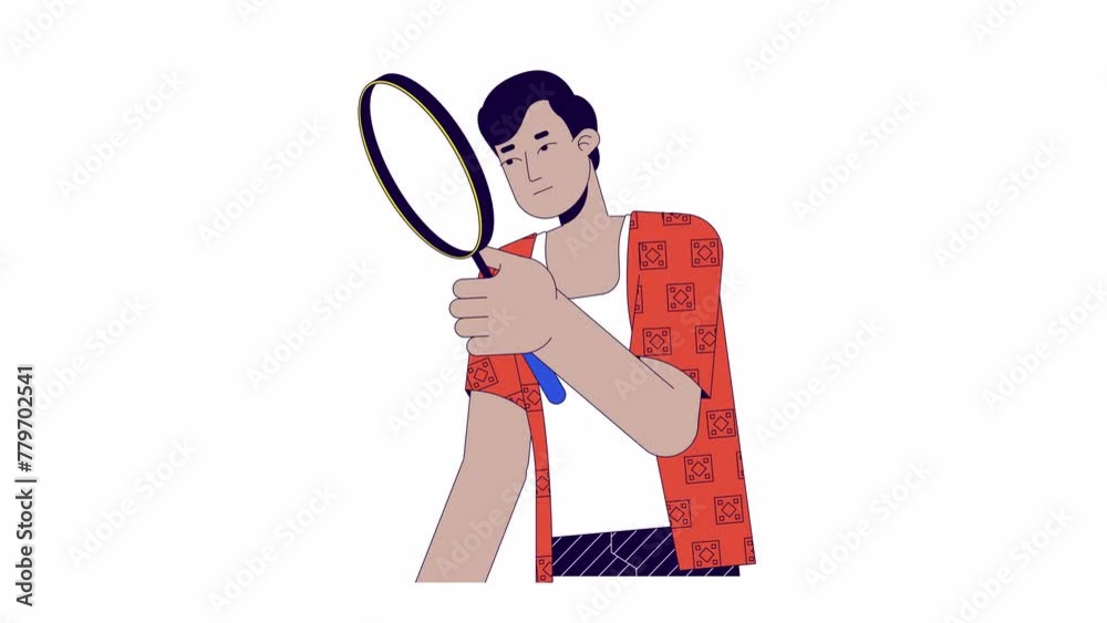 Indian man looking through loupe line 2D character animation. Evaluation inspecting flat color cartoon 4K video, alpha channel. Magnifying glass holding guy animated person on white background Indian man looking through loupe line 2D character animation. Evaluation inspecting flat color cartoon 4K video, alpha channel. Magnifying glass holding guy animated person on white background