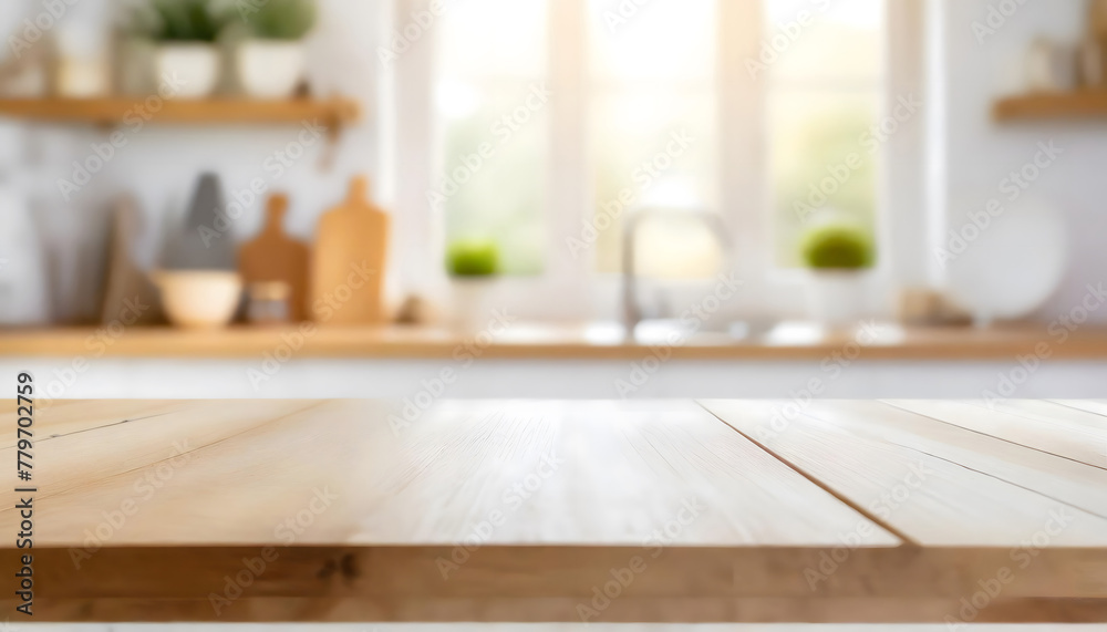 Wooden Table Top in a Kitchen. Generative AI