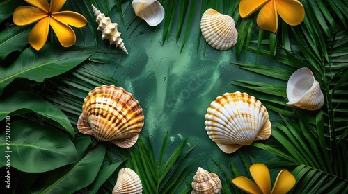 Tropical Foliage Framing Vibrant Seashells in Composition