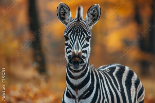 This young zebra stands confidently  its stripes sharply contrasting with the warm autumn colors in the background