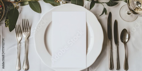 fine dining table setting of luxury fancy restaurant menu invitation card mockup for weddings and romantic eating event decoration as wide banner with empty black copy space  photo