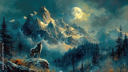 A lone wolf howling at the moon on a snow-capped mountain peak, the solitude and beauty captured with expressive oil brushwork. photo