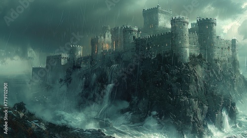 A majestic castle perched on a cliff overlooking a stormy sea, the drama and power conveyed with dramatic oil strokes.