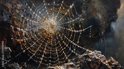 A delicate spiderweb glistening with morning dew, its intricate details captured with meticulous oil brushwork.