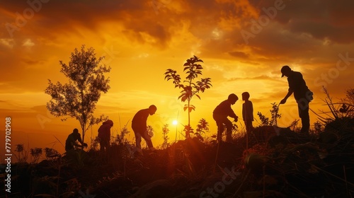 A group of people are working together in a field at sunset. Scene is peaceful and collaborative