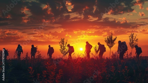 A group of people are walking in a field at sunset. The sky is filled with clouds and the sun is setting