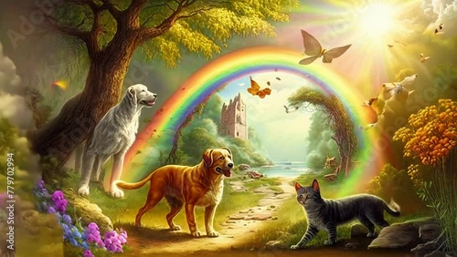 An idyllic pet paradise, teeming with playmates and filled with rainbow-hued bridges, ethereal clouds, and cheerful sunshine. Dogs and cats are enjoying life after death in their heavenly paradise. photo