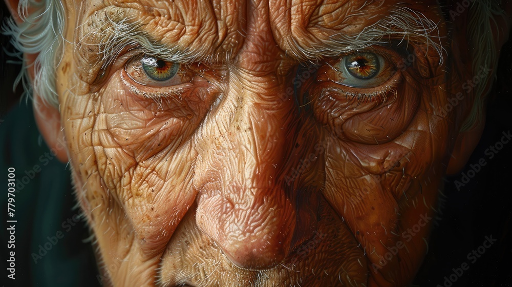 A close-up of an old man's face, his wrinkles and character lines etched with detailed oil techniques. A close-up of an old man's face, his wrinkles and character lines etched with detailed oil techniques.