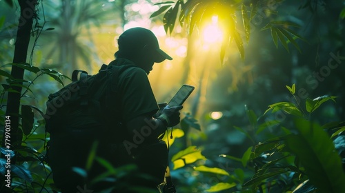 A man is walking through a jungle with a backpack and a tablet in his hand. He is looking at the tablet, possibly checking something or taking a picture. The scene is peaceful and serene