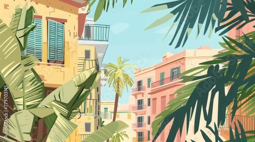 An illustration of a cityscape on Palm Sunday, with palm branches visible in the windows and streets.