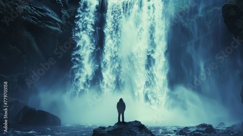 A man stands in front of a waterfall, looking out at the rushing water. The scene is serene and peaceful, with the sound of the waterfall providing a calming background noise
