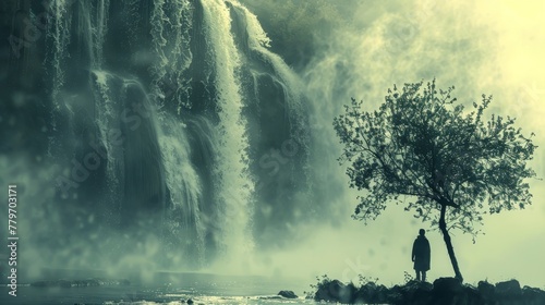 A man stands in front of a tree near a waterfall. The scene is serene and peaceful, with the sound of the waterfall providing a calming atmosphere. The man is lost in thought