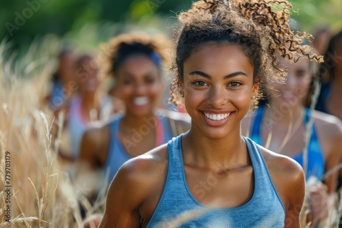 An engaging image of a cheerful woman with curly hair smiling while running with friends in a field photo