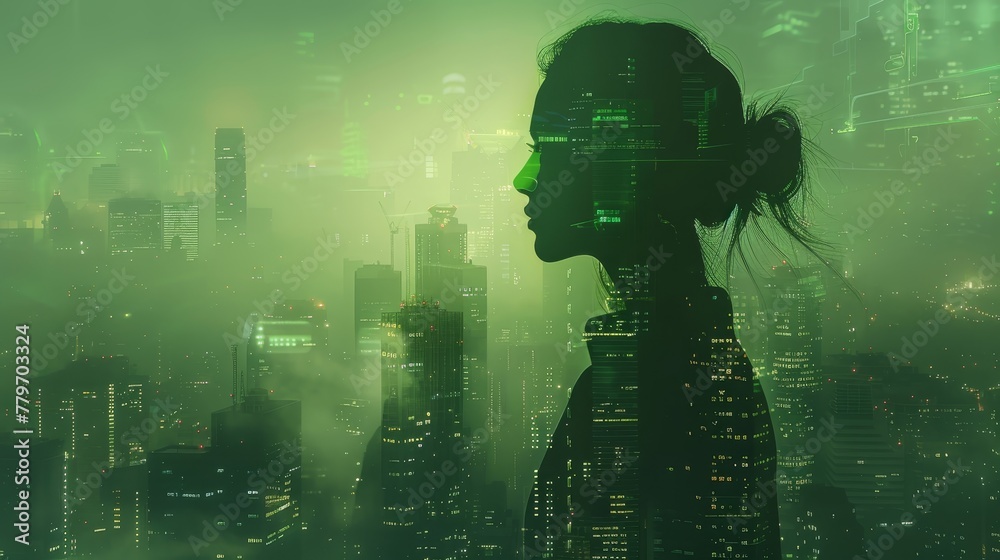 A woman is standing in front of a city skyline with a green tint. The city is lit up at night, and the woman is looking up at the sky. Concept of loneliness and isolation A woman is standing in front of a city skyline with a green tint. The city is lit up at night, and the woman is looking up at the sky. Concept of loneliness and isolation