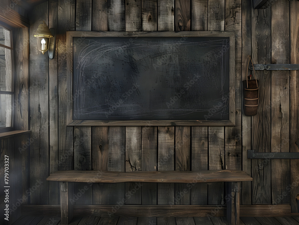 Empty chalkboard on wooden wall with warm ambiance - Ai generated