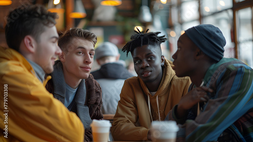 Photograph of diverse ethnicity group of attractive young men in a coffee shop . Model photography.