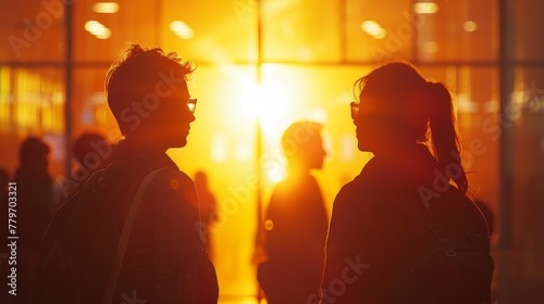 Two people are standing in front of a window, one of them wearing glasses. The other person is wearing a backpack. The sun is shining through the window, casting a warm glow on the people