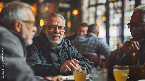 Photograph of diverse ethnicity group of attractive senior men in a coffee shop . Model photography.