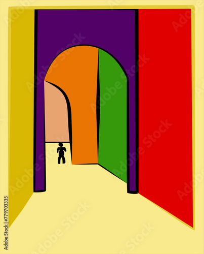 A small stylized figure stands at the entrance to a corridor with alternating colorful walls leading to additional archways. The walls exhibit a sequence of bold colors: purple, orange, green, and red