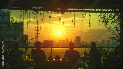 A group of people are sitting at a table outside, watching the sun set over the city. Scene is peaceful and relaxing, as the group enjoys the beautiful view of the sunset