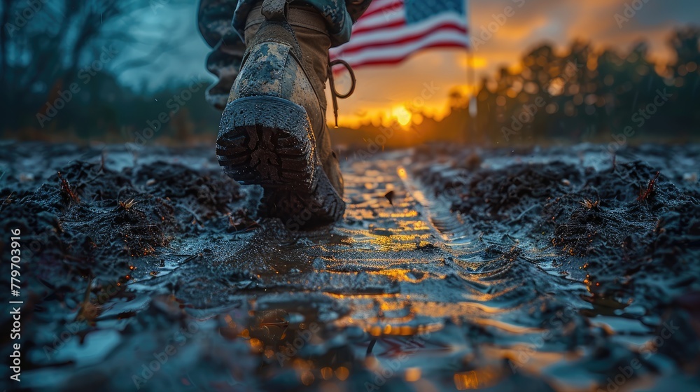 A double exposure of a soldier's footprints fading in the sand superimposed over an image of an American flag, representing the transient nature of life and the enduring symbol of freedom. - obrazy, fototapety, plakaty 