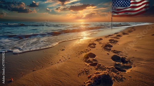 A double exposure of a soldier's footprints fading in the sand superimposed over an image of an American flag, representing the transient nature of life and the enduring symbol of freedom.