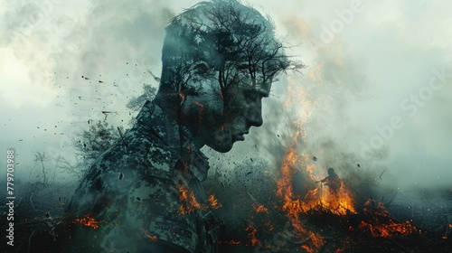 A double exposure of a soldier's letters superimposed over a battlefield scene, capturing the emotional connection between those fighting and those left behind.