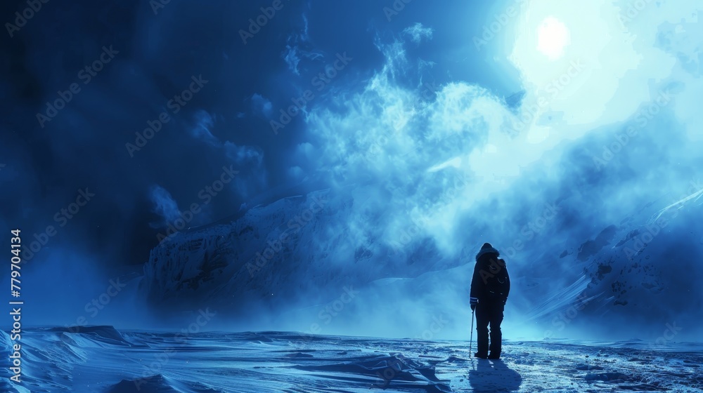Fototapeta premium A man is walking on a snowy mountain in the middle of the night. The sky is dark and cloudy, and the sun is barely visible. The man is wearing a backpack and he is lost or searching for something