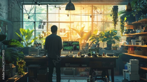 A man is standing in front of a computer desk with a large monitor. The room is filled with plants and has a cluttered appearance. The man is focused on his work