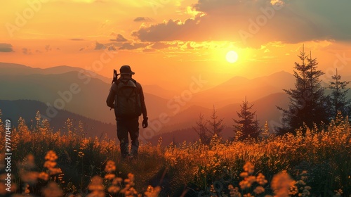 A man is walking through a field of flowers with a sunset in the background. The scene is peaceful and serene, with the man carrying a backpack and a camera. The sun is setting behind the mountains