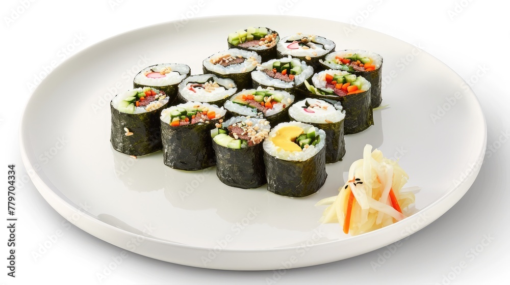 a modern, stylish presentation of kimbap on a pristine white plate, set against a minimalist background, illustration made with Generative Ai a modern, stylish presentation of kimbap on a pristine white plate, set against a minimalist background, illustration made with Generative Ai