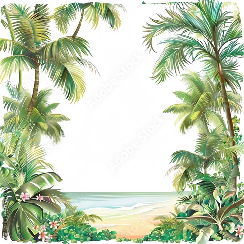 Lush palm trees with swaying leaves line a sunny tropical beach beneath a clear blue sky