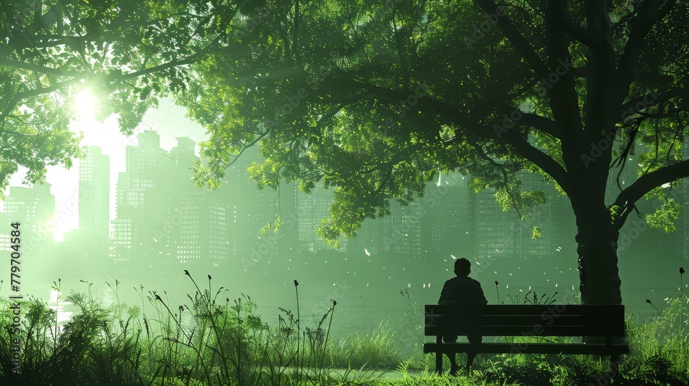 A man sits on a bench in a park with a city in the background. The scene is peaceful and serene, with the man enjoying the quiet and natural surroundings