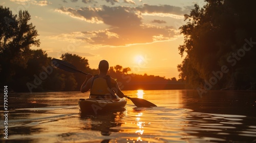 A man is paddling a kayak on a river at sunset. The sky is filled with clouds and the sun is setting, creating a serene and peaceful atmosphere © Rattanathip