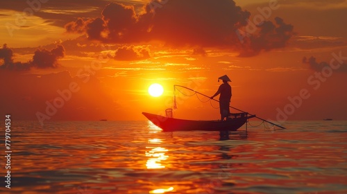 A man is fishing in a boat on a calm ocean at sunset. The sky is orange and the water is calm © Rattanathip