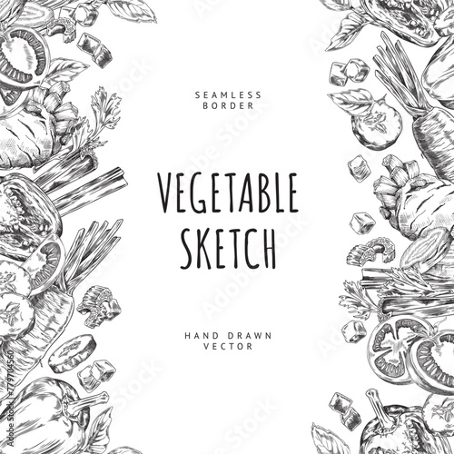 Seamless frame with a place for text with hand-drawn vegetables: tomato, celery and many others