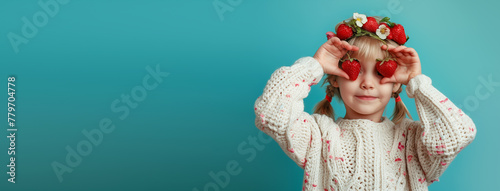 Photo of a blonde girl in a knitted sweater, with a strawberry wreath on her head, holding strawberries in her hands and covering her eyes with them.