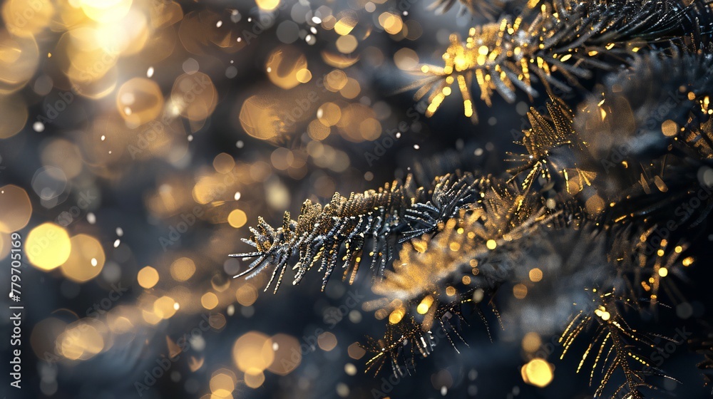 Gleaming Evergreens: Fir leaves sparkle with gold and silver, a dazzling display of natural opulence.