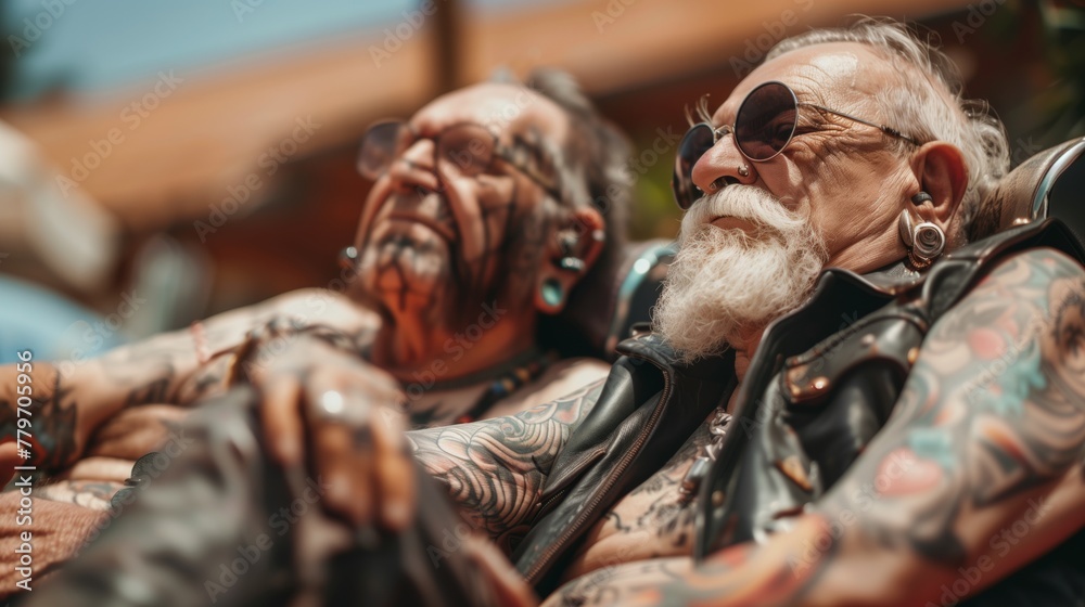 Two tattooed elderly men with piercings relaxing in the sun, wearing sunglasses.